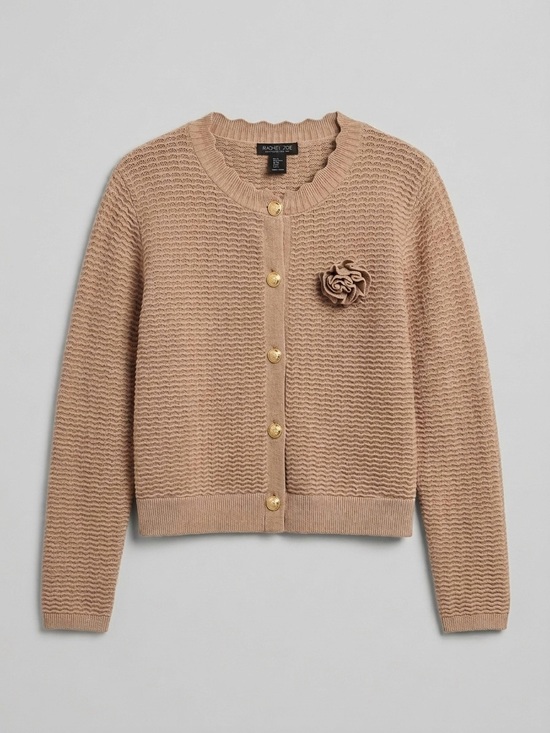 Rachel Zoe Sweaters - Rachel Zoe Rosette Wavy Knit Cardigan Sweater Women’s XL Tan Gold Lion Button